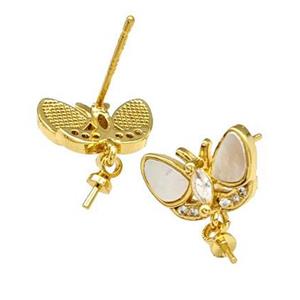 Copper Stud Earrings Pave Shell Zirconia With Bail Butterfly 18K Gold Plated, approx 8-13mm