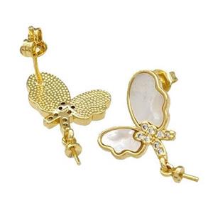Copper Stud Earrings Pave Shell Zirconia With Bail Butterfly 18K Gold Plated, approx 13-15mm