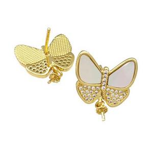 Copper Stud Earrings Pave Shell Zirconia With Bail Butterfly 18K Gold Plated, approx 14-16mm