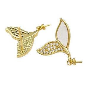 Copper Stud Earrings Pave Shell Zirconia With Bail Shark-Tail 18K Gold Plated, approx 14-17mm