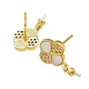 Copper Stud Earrings Pave Shell Zirconia With Bail Clover 18K Gold Plated, approx 10mm