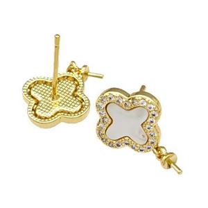 Copper Stud Earrings Pave Shell Zirconia With Bail Clover 18K Gold Plated, approx 11.5mm