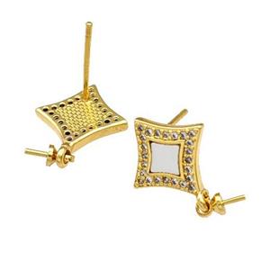 Copper Stud Earrings Pave Shell Zirconia With Bail Star 18K Gold Plated, approx 12.5mm