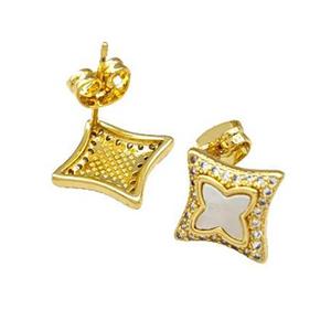 Copper Stud Earrings Pave Shell Zirconia Star 18K Gold Plated, approx 13.5mm