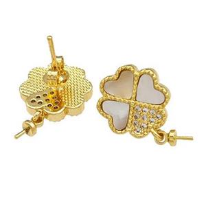 Copper Stud Earrings Pave Shell Zirconia With Bail Clover 18K Gold Plated, approx 12mm
