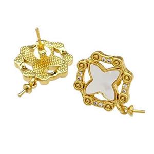 Copper Stud Earrings Pave Shell Zirconia With Bail Clover 18K Gold Plated, approx 15mm