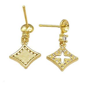 Copper Stud Earrings Pave Shell Zirconia Cross 18K Gold Plated, approx 12mm