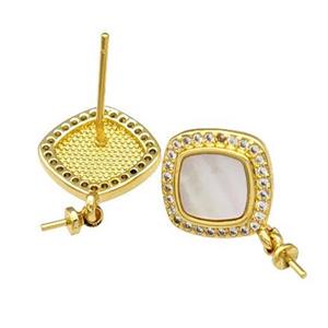 Copper Stud Earrings Pave Shell Zirconia With Bail Square 18K Gold Plated, approx 12mm