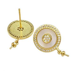 Copper Stud Earrings Pave Shell Zirconia With Bail Circle 18K Gold Plated, approx 14mm