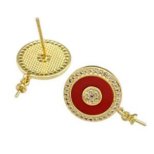 Copper Stud Earrings Pave Shell Zirconia With Bail Circle 18K Gold Plated, approx 14mm
