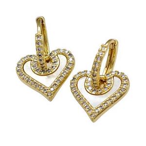 Copper Hoop Earrings Pave Shell Zirconia Heart 18K Gold Plated, approx 15mm, 14mm dia