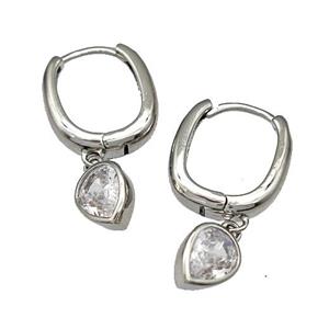 Copper Latchback Earrings Pave Zirconia Heart Platinum Plated, approx 6mm, 12-16mm