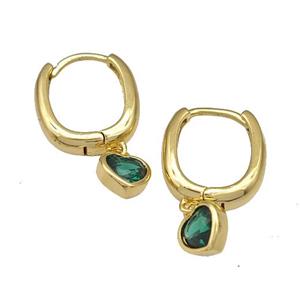 Copper Latchback Earrings Pave Green Zirconia Heart Gold Plated, approx 6mm, 12-16mm