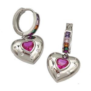 Copper Hoop Earrings Micro Pave Fuchsia Zirconia Heart Platinum Plated, approx 14mm, 12mm dia
