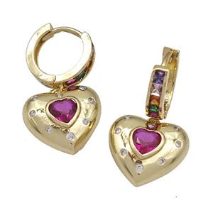 Copper Hoop Earrings Micro Pave Fuchsia Zirconia Heart Gold Plated, approx 14mm, 12mm dia