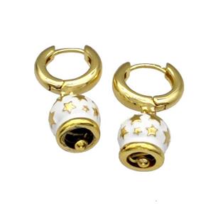 Copper Hoop Earrings With Bell White Enamel Star Gold Plated, approx 11mm, 15mm dia