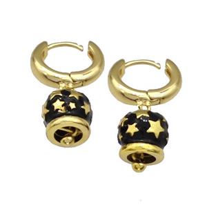 Copper Hoop Earrings With Bell Black Enamel Star Gold Plated, approx 11mm, 15mm dia