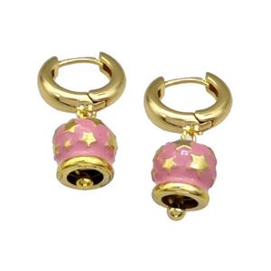 Copper Hoop Earrings With Bell Pink Enamel Star Gold Plated, approx 11mm, 15mm dia