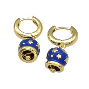 Copper Hoop Earrings With Bell Blue Enamel Star Gold Plated, approx 11mm, 15mm dia