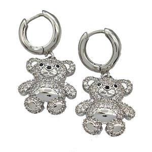 Copper Latchback Earrings With Bear Micro Pave Zirconia Platinum Plated, approx 19-20mm, 15mm dia