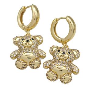 Copper Latchback Earrings With Bear Micro Pave Zirconia Gold Plated, approx 19-20mm, 15mm dia