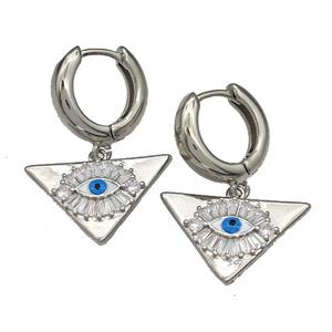 Copper Latchback Earrings With Evil Eye Micro Pave Zirconia Triangle Platinum Plated, approx 13-21mm, 15mm dia