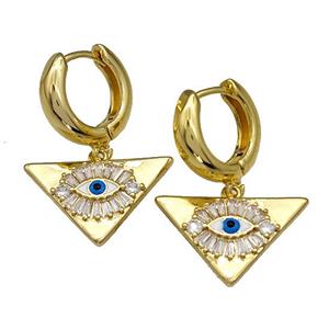 Copper Latchback Earrings With Evil Eye Micro Pave Zirconia Triangle Gold Plated, approx 13-21mm, 15mm dia