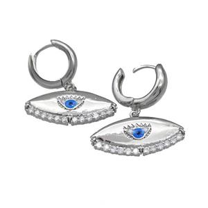 Copper Latchback Earrings With Evil Eye Micro Pave Zirconia Platinum Plated, approx 12-27mm, 15mm dia
