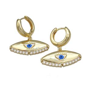 Copper Latchback Earrings With Evil Eye Micro Pave Zirconia Gold Plated, approx 12-27mm, 15mm dia