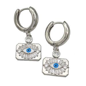 Copper Latchback Earrings With Evil Eye Micro Pave Zirconia Platinum Plated, approx 10-14mm, 15mm dia