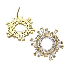 Copper Stud Earrings Micro Pave Zirconia Sun Gold Plated, approx 25mm
