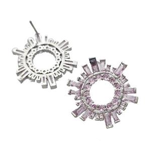 Copper Stud Earrings Micro Pave Pink Zirconia Sun Platinum Plated, approx 25mm