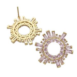 Copper Stud Earrings Micro Pave Pink Zirconia Sun Gold Plated, approx 25mm
