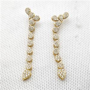 Copper Stud Earrings Micro Pave Zirconia Gold Plated, approx 6-8mm, 60mm length