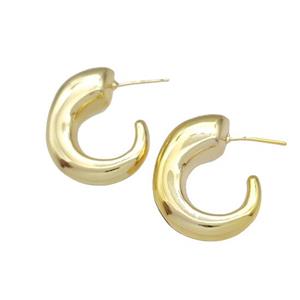 Copper Stud Earrings Hollow C-Shape Gold Plated, approx 22-28mm
