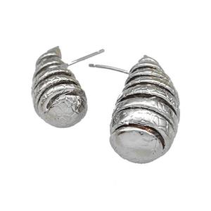 Copper Teardrop Stud Earrings Spiral Hollow Platinum Plated, approx 12-21mm