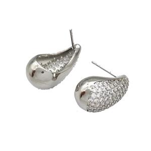 Copper Stud Earrings Micro Pave Zirconia Teardrop Hollow Platinum Plated, approx 12-20mm
