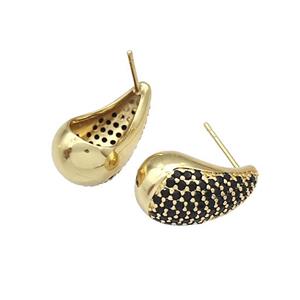 Copper Stud Earrings Micro Pave Black Zirconia Teardrop Hollow Gold Plated, approx 12-20mm