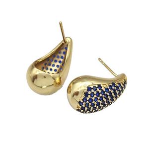 Copper Stud Earrings Micro Pave Blue Zirconia Teardrop Hollow Gold Plated, approx 12-20mm