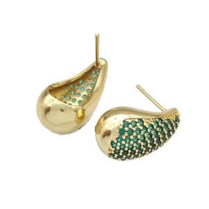 Copper Stud Earrings Micro Pave Green Zirconia Teardrop Hollow Gold Plated, approx 12-20mm