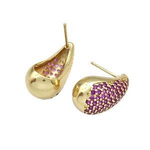 Copper Stud Earrings Micro Pave Fuchsia Zirconia Teardrop Hollow Gold Plated, approx 12-20mm