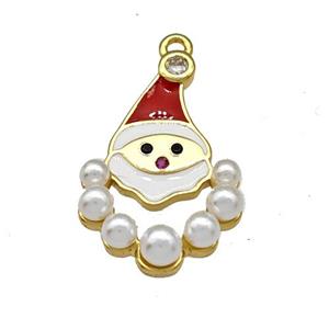 Copper Santa Claus Pendant Micro Pave Pearlized Resin Christmas Red White Enamel Gold Plated, approx 13-20mm