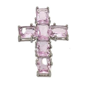 Copper Cross Pendant Micro Pave Pink Crystal Platinum Plated, approx 20-30mm