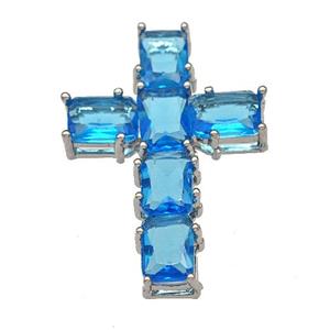 Copper Cross Pendant Micro Pave Skyblue Crystal Platinum Plated, approx 20-30mm