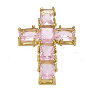 Copper Cross Pendant Micro Pave Pink Crystal Gold Plated, approx 20-30mm