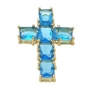 Copper Cross Pendant Micro Pave Skyblue Crystal Gold Plated, approx 20-30mm