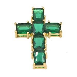 Copper Cross Pendant Micro Pave Green Crystal Gold Plated, approx 20-30mm