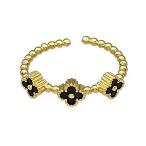 Copper Clover Rings Micro Pave Black Zirconia Gold Plated, approx 5.5mm, 18mm dia
