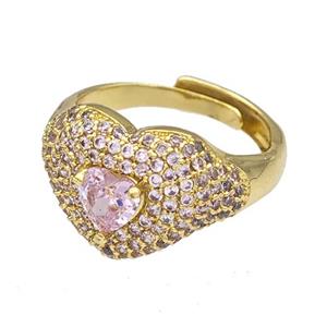 Copper Heart Rings Micro Pave Pink Zirconia Adjustable Gold Plated, approx 14mm, 18mm dia