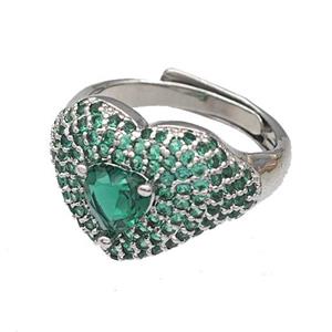 Copper Heart Rings Micro Pave Green Zirconia Adjustable Platinum Plated, approx 14mm, 18mm dia